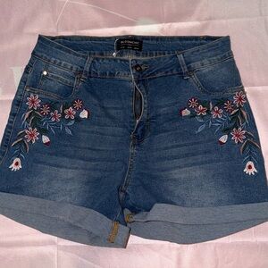 BloomChic Blue Embroidered Jean Shorts